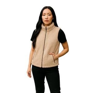 Love Tree Cream Beige Sherpa Fleece Full Zip‎ Stand Up Collar Cozy Vest Small
